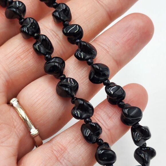 Unique Vintage Necklace Bubbled Bumpy Black Glass Beads Hand Knotted 24" HTF - Picture 1 of 4